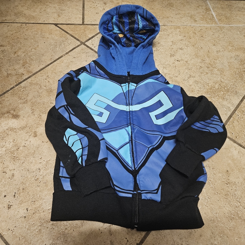 Blue Beetle Hoodie Jacket Boys Zip Costume Mask Sweatshirt XS 4-5 DC Comic Used.